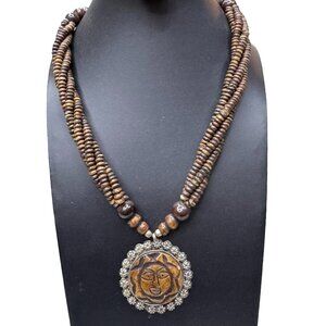 Carved Tigers Eye Celestial Sun Face Wooden Bead Necklace Pendant Multi Strand